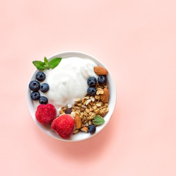 A bowl of yougurt, blueberries and some granola as seen from above