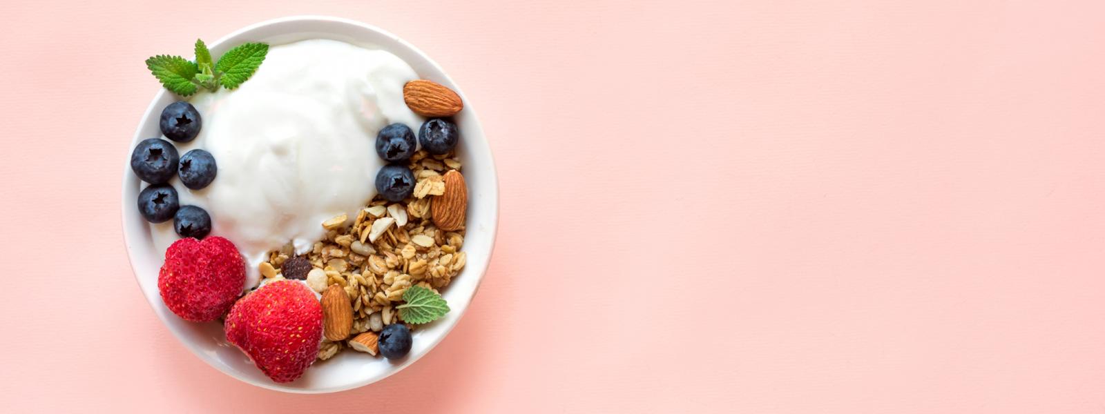 A bowl of yougurt, blueberries and some granola as seen from above